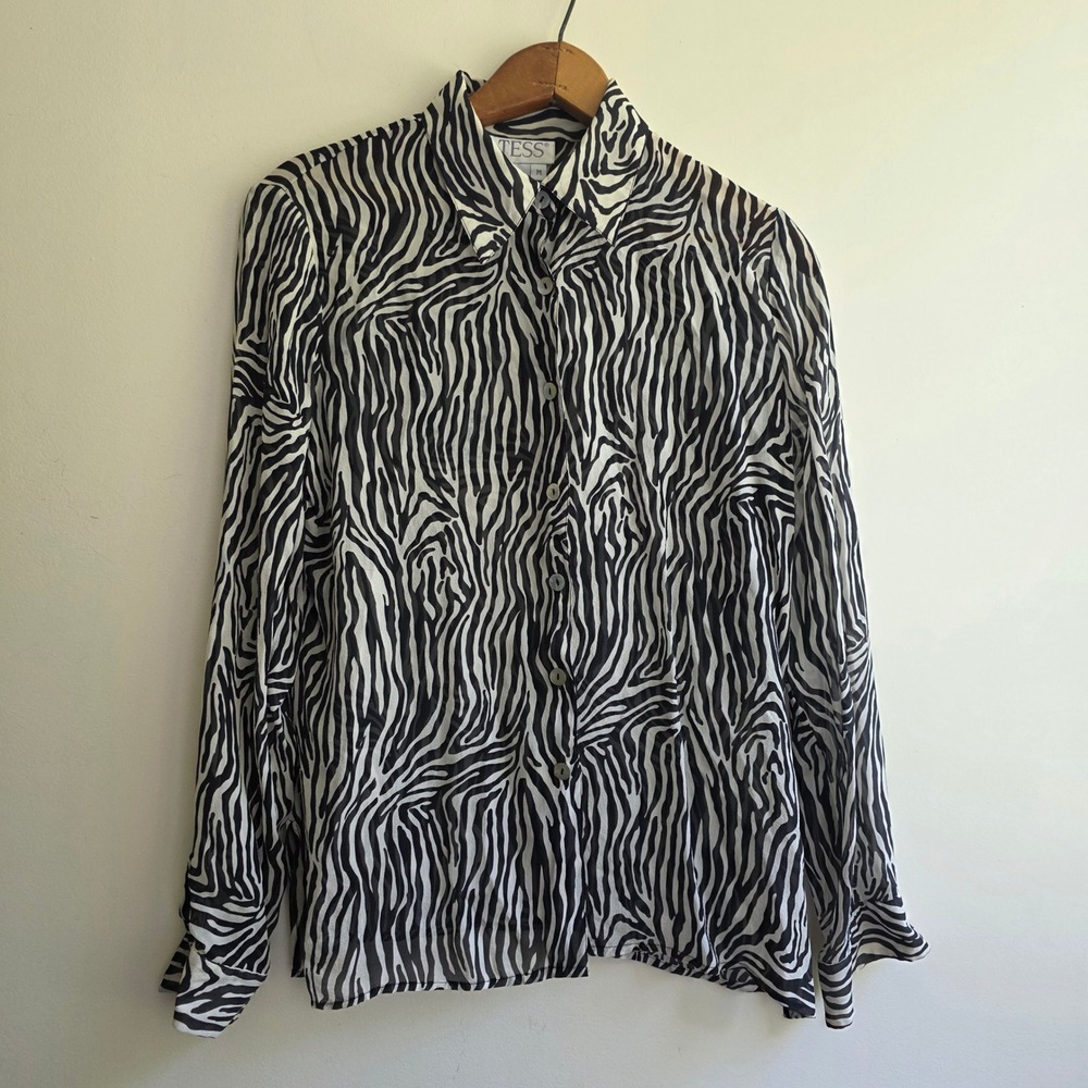 TESS Vintage 90s 100% Silk Zebra Print Blouse Black White Button Up Shirt M